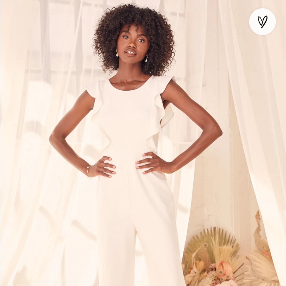 White Ruffled Wide-Leg Jumpsuit (Lulu’s)